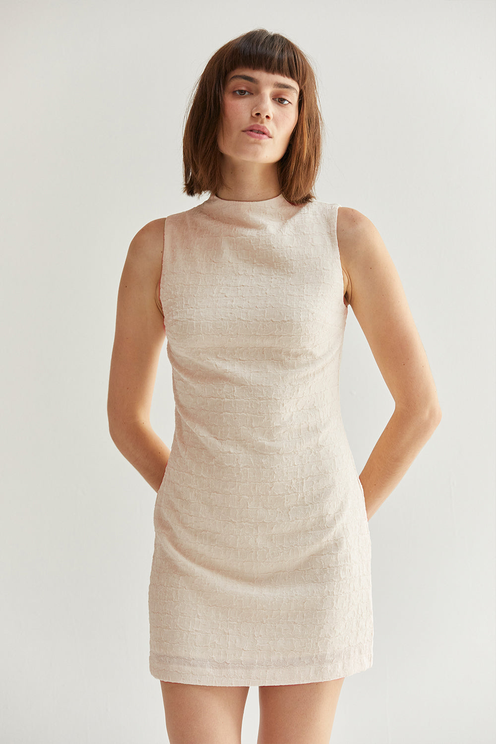 cream sheath dress Mylah Mock Neck Sleeveless Sheath Dress