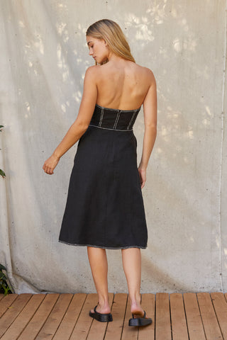 Lesli Contrast Stitch Linen Tube Midi Dress