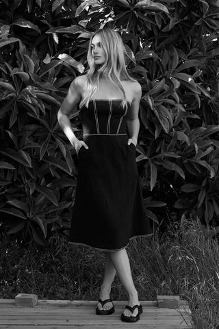 Lesli Contrast Stitch Linen Tube Midi Dress