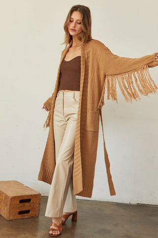 model wearing a camel cardigan