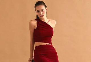 Woman in a red two-piece Valentine’s Day outfit idea