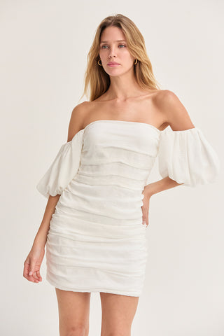 ruched ruffle puff sleeve mini dress Camila Puff Sleeves Ruched Mini Dress