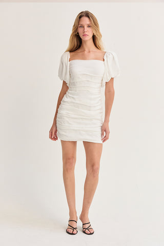 ruched mini dress puff sleeve Zara White Puff Sleeve Ruched Mini Dress Size Small