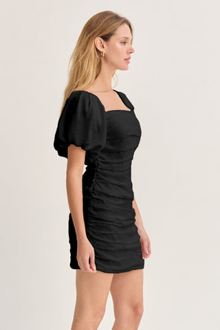 puff sleeve ruched mini dress boohoo Women's Flared Sleeve Off-The Shoulder Ruched Mini Dress in Chocolate | Size: 10
