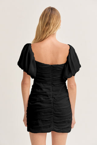 puff sleeve ruched mini dress Camila Puff Sleeves Ruched Mini Dress