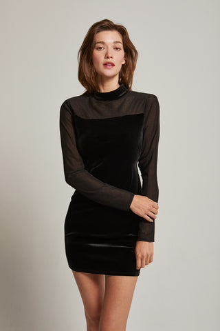Sasha Mock Neck Mixed Media Velvet Mini Dress