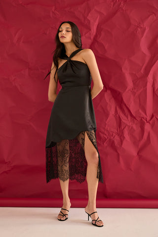Lora Lace Hem Satin Halter Midi Dress