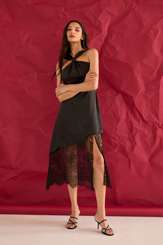 Lora Lace Hem Satin Halter Midi Dress