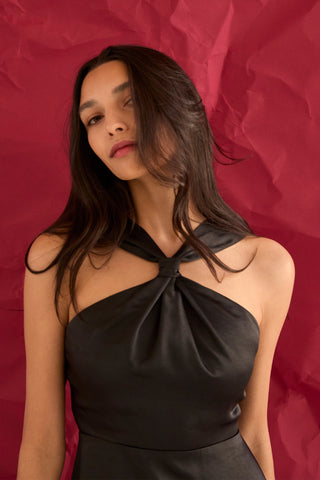 Lora Lace Hem Satin Halter Midi Dress