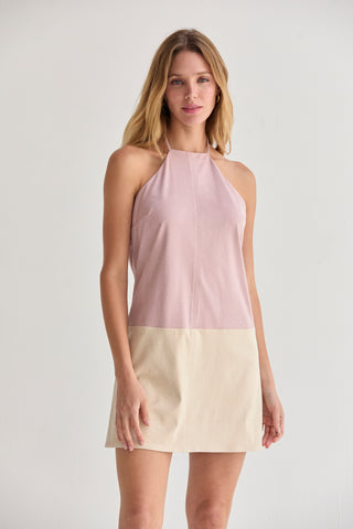 Sidney Suede Color Block Halter Mini Dress
