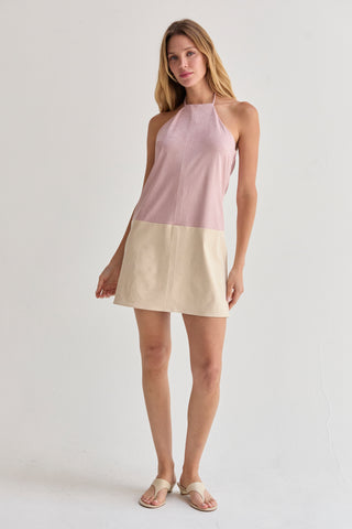 Sidney Suede Color Block Halter Mini Dress