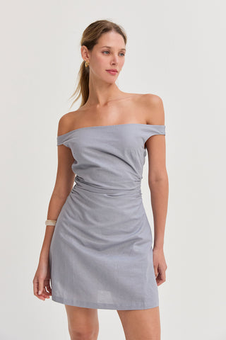 Talia Off Shoulder Side Ruched Linen Mini Dress