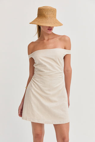 Talia Off Shoulder Side Ruched Linen Mini Dress - Crescent Clothing Talia Off Shoulder Side Ruched Linen Mini Dress - Crescent Clothing