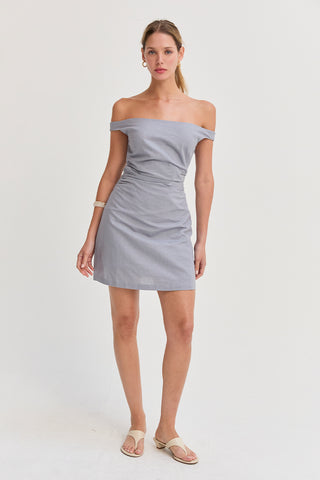 Talia Off Shoulder Side Ruched Linen Mini Dress