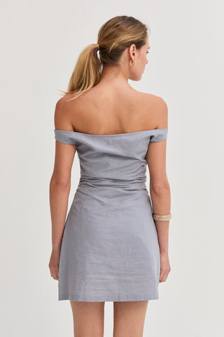 Talia Off Shoulder Side Ruched Linen Mini Dress