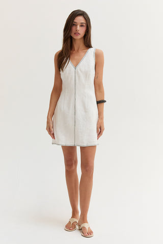 Amara Contrast Stitch V-Neck Linen Mini Dress