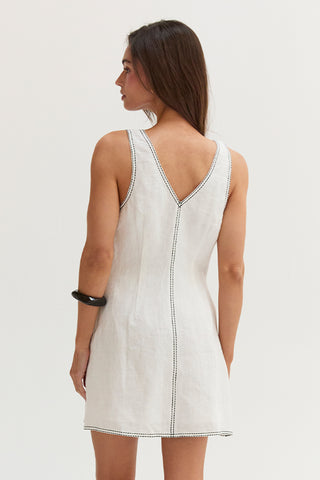 Amara Contrast Stitch V-Neck Linen Mini Dress