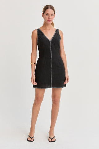 Amara Contrast Stitch V-Neck Linen Mini Dress