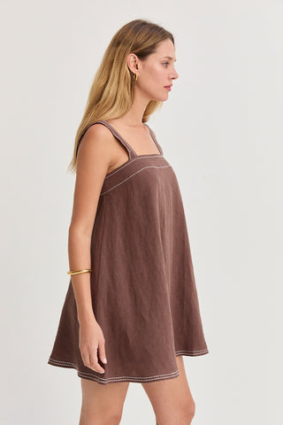 Jael Contrast Stitch Square Neck Linen Mini Dress