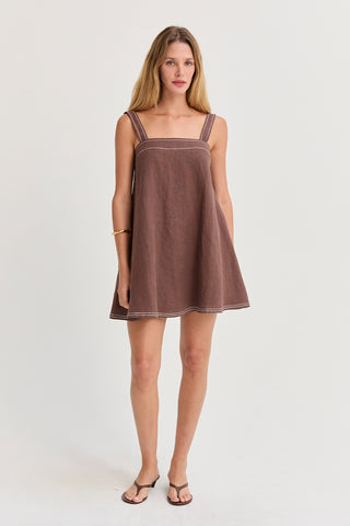 Jael Contrast Stitch Square Neck Linen Mini Dress - Crescent Clothing Jael Contrast Stitch Square Neck Linen Mini Dress - Crescent Clothing