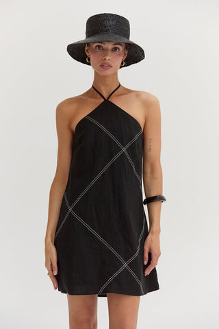 Lena Contrast Stitch Halter Linen Mini Dress
