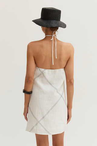Lena Contrast Stitch Halter Linen Mini Dress