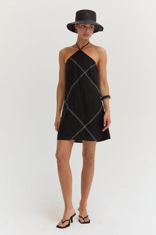 Lena Contrast Stitch Halter Linen Mini Dress