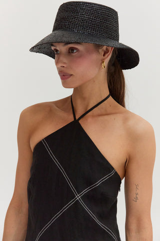 Lena Contrast Stitch Halter Linen Mini Dress