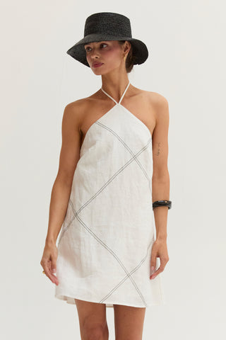 Lena Contrast Stitch Halter Linen Mini Dress