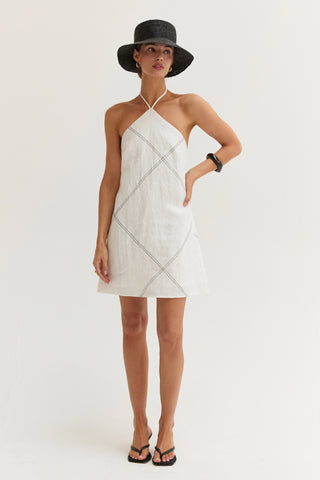 Lena Contrast Stitch Halter Linen Mini Dress