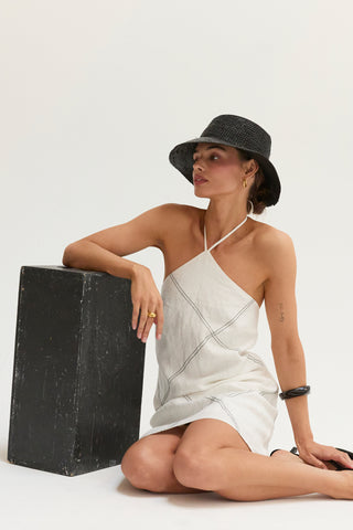 Lena Contrast Stitch Halter Linen Mini Dress