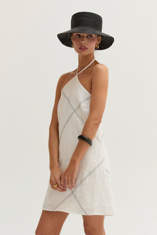 Lena Contrast Stitch Halter Linen Mini Dress