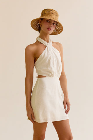 Emma Crisscross Halter Cut Out Linen Blend Mini Dress