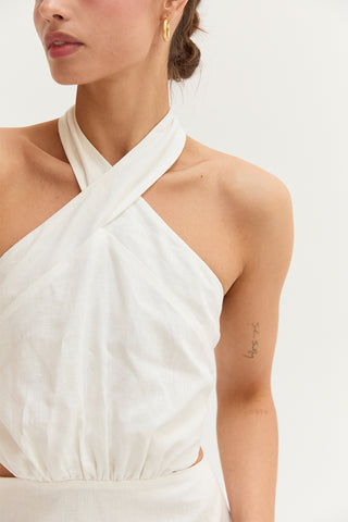 Emma Crisscross Halter Cut Out Linen Blend Mini Dress