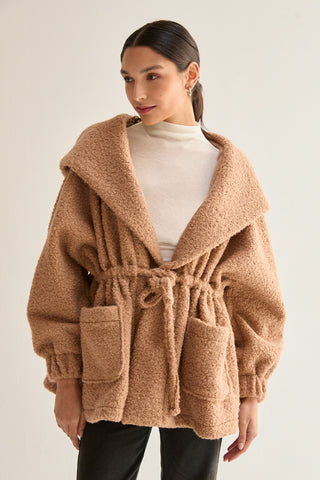 Lenny Cinched Waist Hooded Boucle Jacket