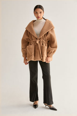 Lenny Cinched Waist Hooded Boucle Jacket