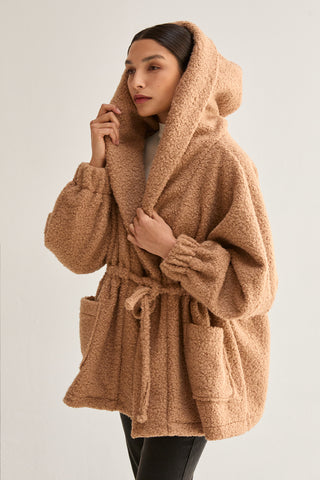 Lenny Cinched Waist Hooded Boucle Jacket