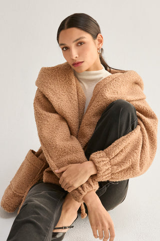 Lenny Cinched Waist Hooded Boucle Jacket