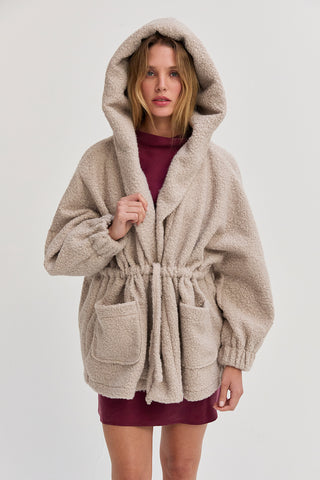 Lenny Cinched Waist Hooded Boucle Jacket
