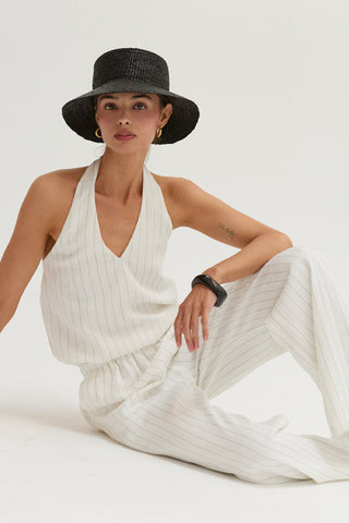 Luna Pinstripe Halter Linen Blend Jumpsuit