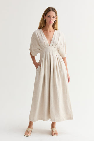 Amiee Pleated Linen Midi Dress