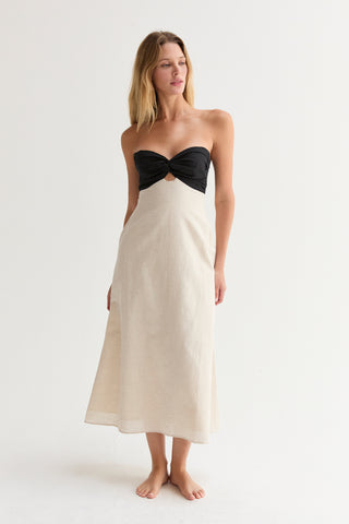 Emery Colorblock Front Twist Linen Midi Dress