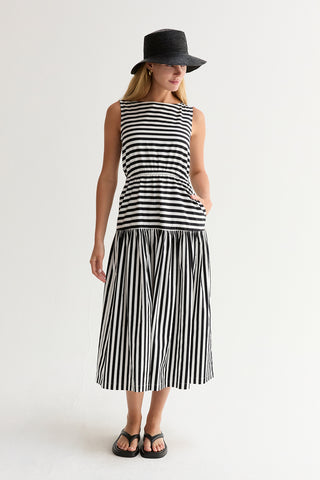 Junie Cotton Blend Gathered Stripe Midi Dress