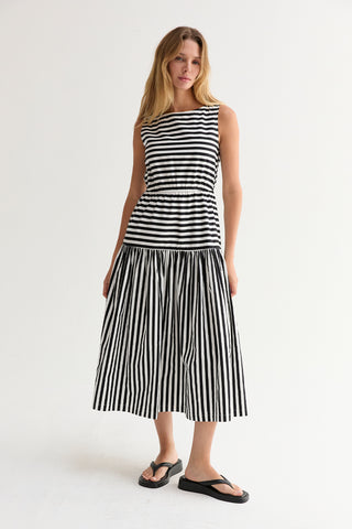 Junie Cotton Blend Gathered Stripe Midi Dress