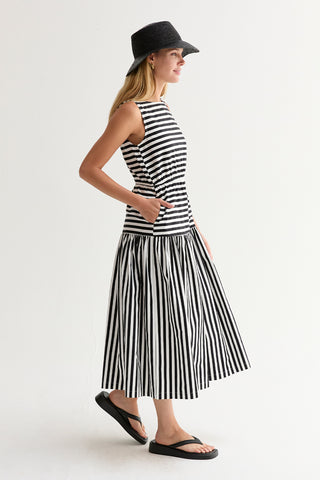 Junie Cotton Blend Gathered Stripe Midi Dress
