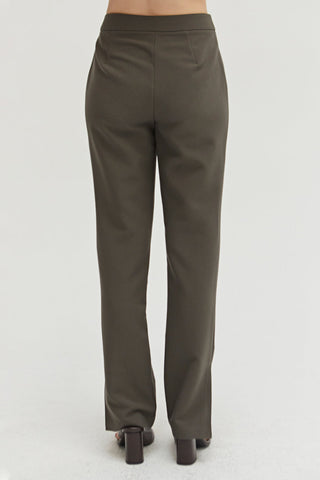 A dark olive straight leg trousers.