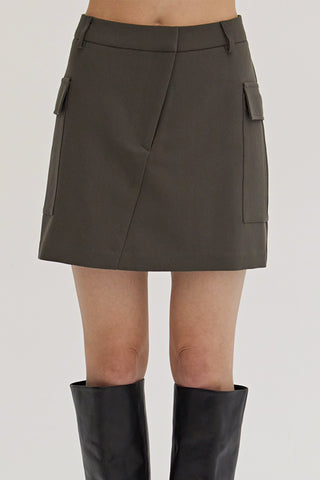 A dark olive cargo mini skirt.