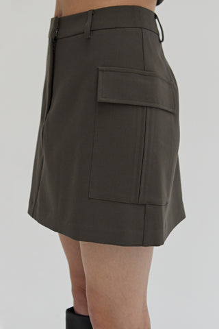 A dark olive cargo mini skirt.