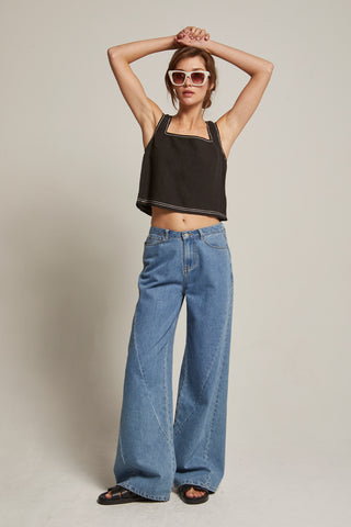 Taby Contrast Stitch Linen Top