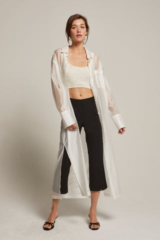 Tory Long Line Sheer Button Up Top